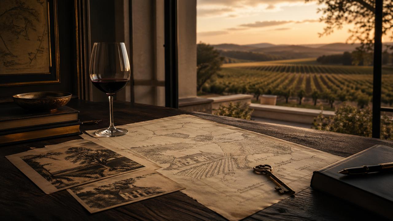 Legacy map, wine glass, and vineyard view representing the Puerta del Lobo story from proven roots to Texas Hill Country