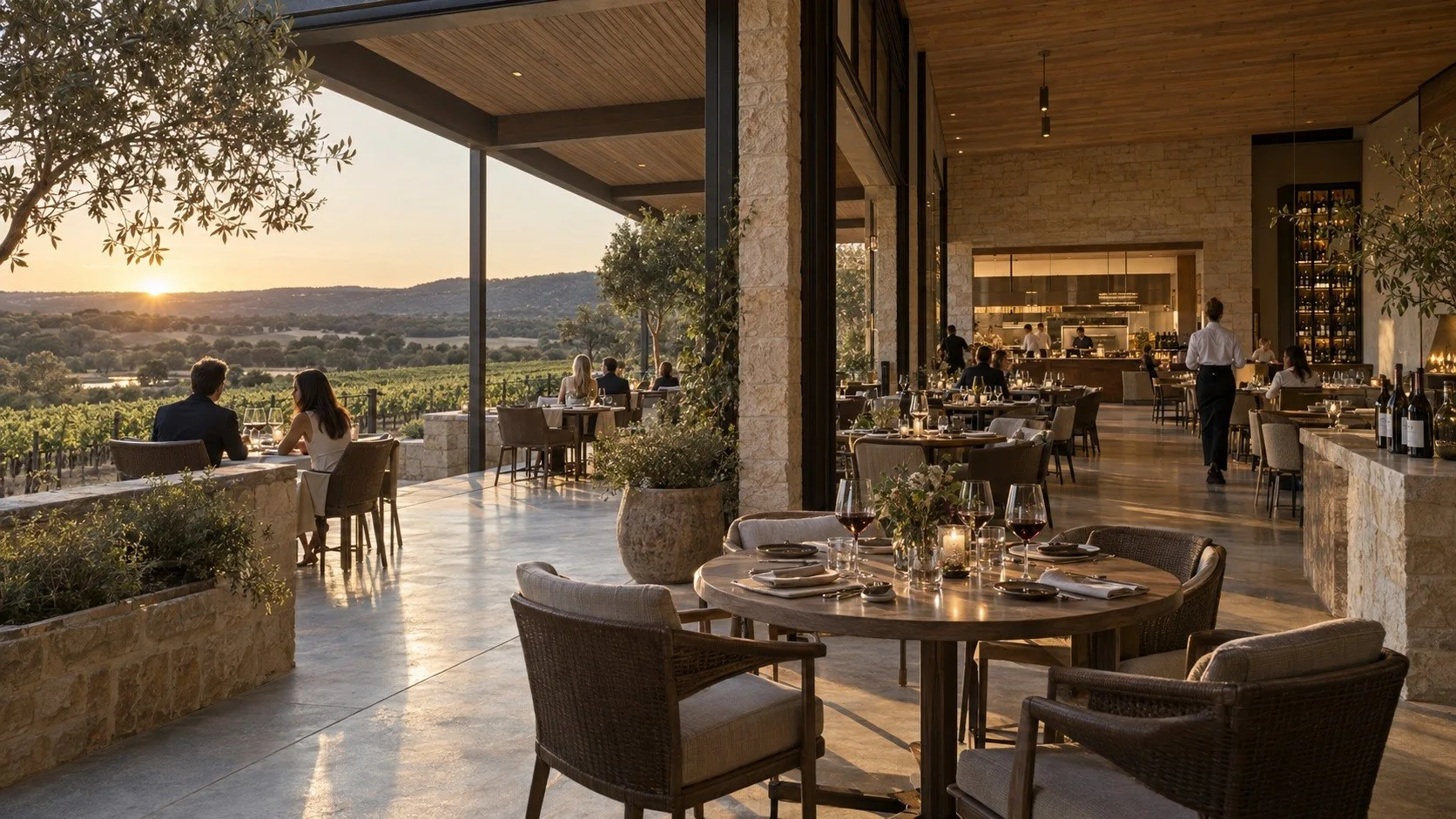 Sunset terrace dining overlooking the Puerta del Lobo vineyards